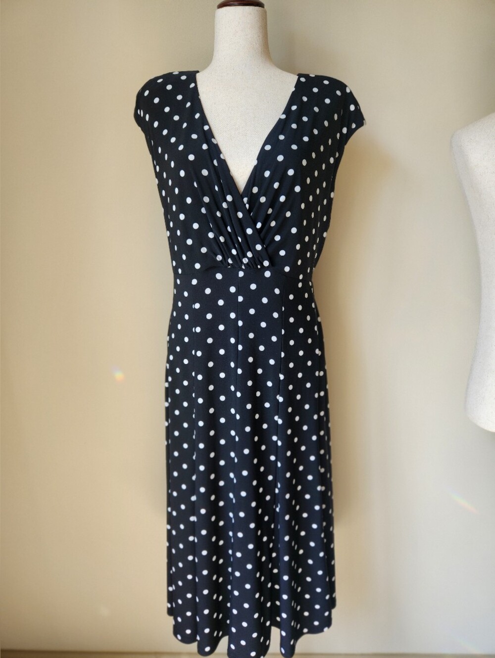 Lauren Ralph Lauren Polka Dot Faux Wrap Midi Dress Surplice V Neck Women SZ 16W